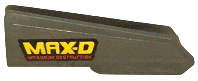 Lego Technic, Panel Fairing #22 Very Small Smooth, Side A with 'MAX-D' and 'MAXIMUM DESTRUCTION' Pattern (Sticker) - Set 42119 / Dark Bluish Gray