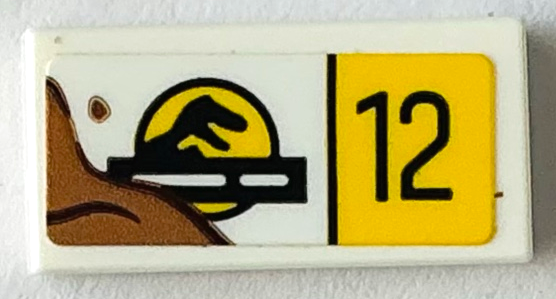 Lego Tile 1 x 2 with Jurassic World Logo, Medium Nougat Mud and Black '12' on Yellow Background Pattern (Sticker) - Set 76958 / White