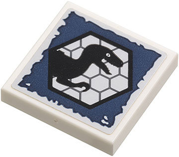 Lego Tile 2 x 2 with Black Raptor Dinosaur Silhouette in Hexagon on Dark Blue Background Pattern (Sticker) - Set 75920 / White
