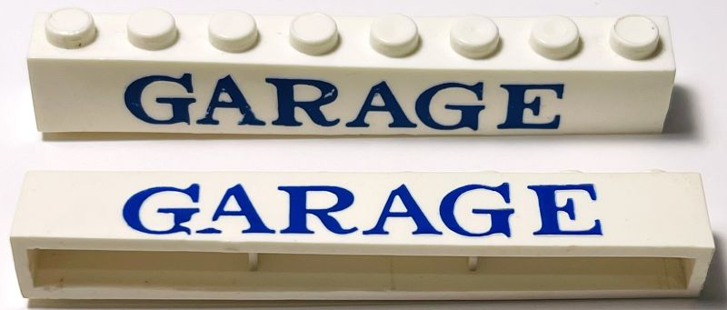 Lego Brick 1 x 8 without Bottom Tubes with Cross Side Supports with Blue 'GARAGE' Serif Pattern