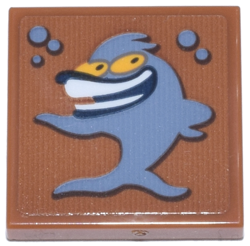 Lego Tile 2 x 2 with Sand Blue Bubbles and Laughing Fish with Bright Light Orange Eyes and Dark Blue and White Smile Pattern (Sticker) - Set 76271 / Dark Orange