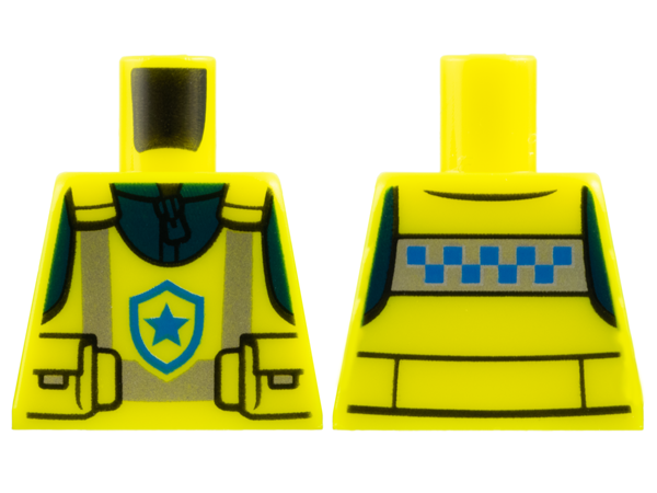 Lego Torso Police Safety Vest with Pouches, Silver Reflective Stripes, and Blue Star Badge Logo over Dark Blue Jacket with Zipper Pattern / Vibrant Yellow