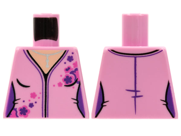 Lego Torso Female V-neck, Silver Necklace, Dark Pink and Dark Purple Flowers Pattern / Bright Pink