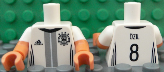 Lego Torso Soccer Shirt with Adidas Logo, 4 Stars and Eagle Front, 'ÖZIL 8' Back Pattern / Nougat Arms with Molded White Short Sleeves Pattern / Nougat Hands