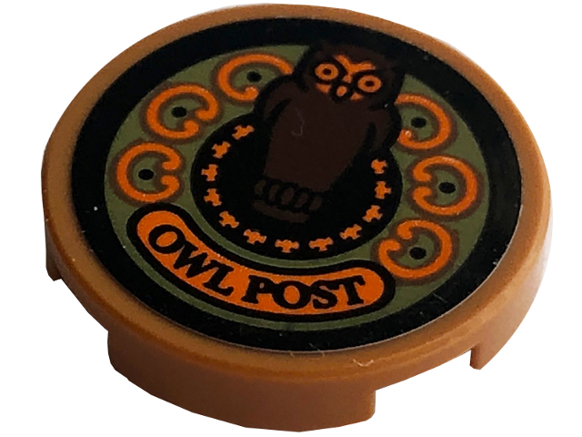Lego Tile, Round 2 x 2 with Bottom Stud Holder with 'OWL POST' Logo Pattern (Sticker) - Set 76422 / Medium Nougat