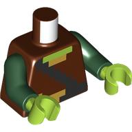 Lego Torso, Pixelated Tunic, Black Belt, Straps, Gold Buckle print, Dark Green Arms, Lime Hands / Reddish Brown