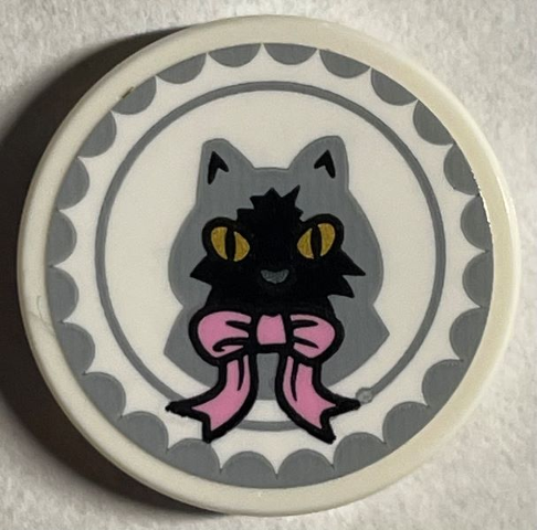 Lego Tile, Round 2 x 2 with Bottom Stud Holder with Light Bluish Gray Cat with Gold Eyes and Bright Pink Bow Pattern (Sticker) - Set 76403