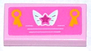 Lego Tile 1 x 2 with Magenta Star on Butterfly Wings and 2 Yellow Award Ribbons Pattern (Sticker) - Set 3063 / Bright Pink