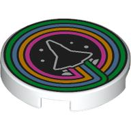 Lego Tile Round 2 x 2 with White Spaceship Outline, Black Background, Dark Pink/Bright Light Orange/Medium Blue/Bright Green Circles Print / White