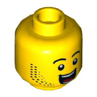 Lego Minifig Head Dynamo Doug, Beard Stubble, Raised Eyebrows, Large Open Mouth Smile Print / Yellow