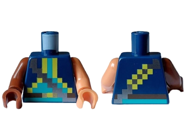 Lego Torso Pixelated Silver Strap over Vest with Yellow Trim, Dark Turquoise Shirt, Dark Brown Belt Pattern / Nougat Arm Left / Reddish Brown Arm Right / Nougat Hand Left / Reddish Brown Hand Right