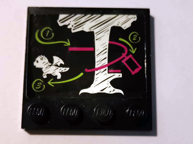 Lego Tile, Modified 4 x 4 with Studs on Edge with Blackboard and White Tree and Dragon Pattern (Sticker) - Set 41173 / Black