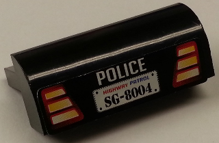 Lego Slope, Curved 2 x 4 x 1 1/3 with 4 Recessed Studs with 'POLICE', Taillights and Highway Patrol 'SG-8004' Pattern (Sticker) - Set 8665 / Black