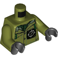 Lego Torso Jacket, Pockets, Buttons, Black Tag with White ? in Target Circle Print, Olive Green Arms, Black Hands