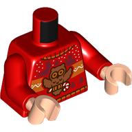 Lego Torso, Christmas Sweater, Medium Nougat Owl Print, Red Arms, Light Nougat Hands / Red