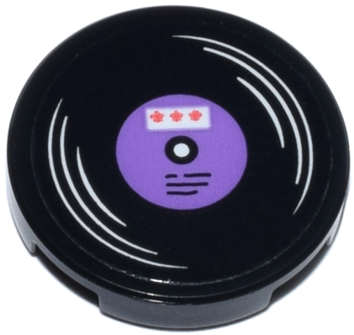 Lego Tile, Round 2 x 2 with Bottom Stud Holder with Vinyl Record with Medium Lavender Label, Coral Stars, White Highlights Pattern (Sticker) - Set 42647