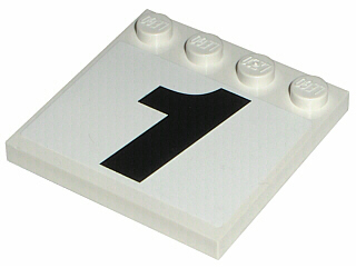 Lego Tile, Modified 4 x 4 with Studs on Edge with Black Number 1 Pattern (Sticker) - Set 8291 / White