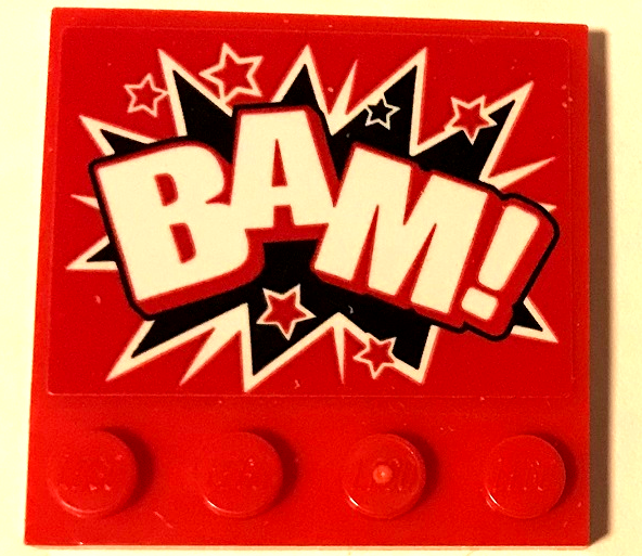 Lego Tile, Modified 4 x 4 with Studs on Edge with 'BAM!' and Stars on Black and White Starburst Pattern (Sticker) - Set 70922
