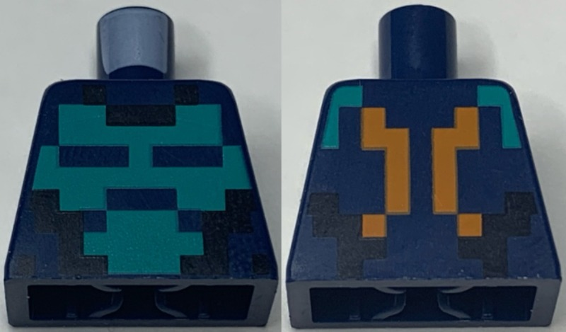 Lego Torso Pixelated Dark Turquoise and Black Shirt, Bright Light Orange Straps on Back Pattern / Dark Blue