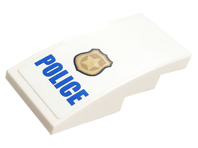 Lego Slope, Curved 4 x 2 with Black Outlined Gold Badge and Blue 'POLICE' Pattern (Sticker) - Set 60141