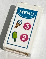 Lego Brick 1 x 2 x 3 with 'MENU' with Lime and Medium Nougat Ice Creams and Numbers 2 and 3 in Magenta Serrated Circels with Dark Azure Frame Pattern (Sticker) - Set 60314