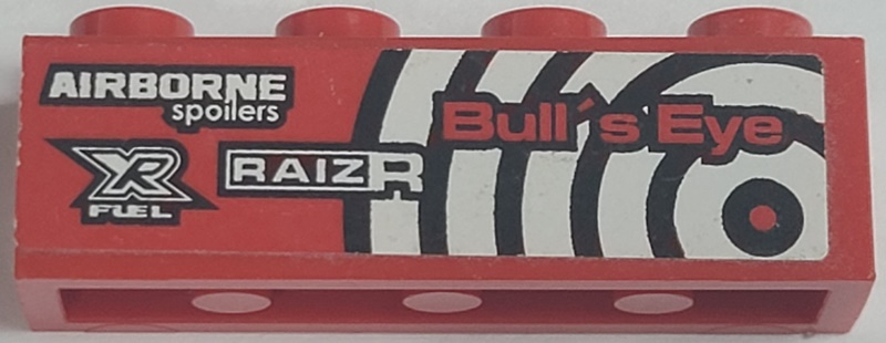 Lego Brick 1 x 4 with 'Bull's Eye', 'RAIZR', 'AIRBORNE spoilers' and 'XR FUEL' Pattern Model Left Side (Sticker) - Set 8182 / Red