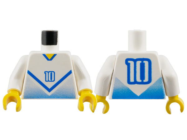Lego Torso Soccer Jersey Shirt with Blue Chevron and Number 10, Yellow Neck Pattern / White Arms / Yellow Hands
