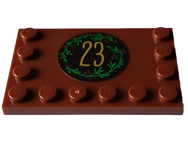 Lego Tile, Modified 4 x 6 with Studs on Edges with Gold Number 23 and Green and Red Mistletoe on Dark Brown Circle Pattern (Sticker) - Set 4002023