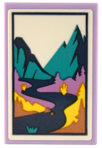 Lego Tile 2 x 3 with Picture of Medium Lavender and Yellow Landscape with Dark Turquoise Mountains and Dark Blue River Pattern (Sticker) - Set 41732 / Lavender