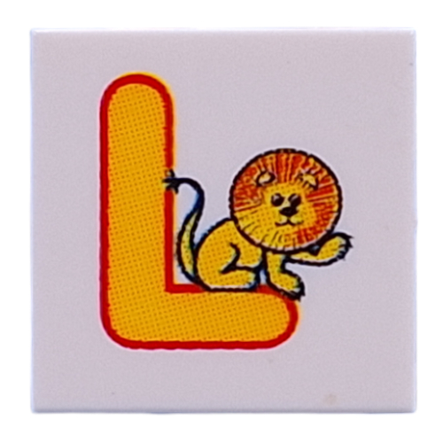 Lego Tile 2 x 2 with Yellow 'L', Lion Print / White