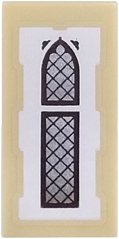 Lego Tile 1 x 2 with Silver Arched and Rectangular Window with Dark Bluish Gray Frame and Lattice on White Background Pattern
