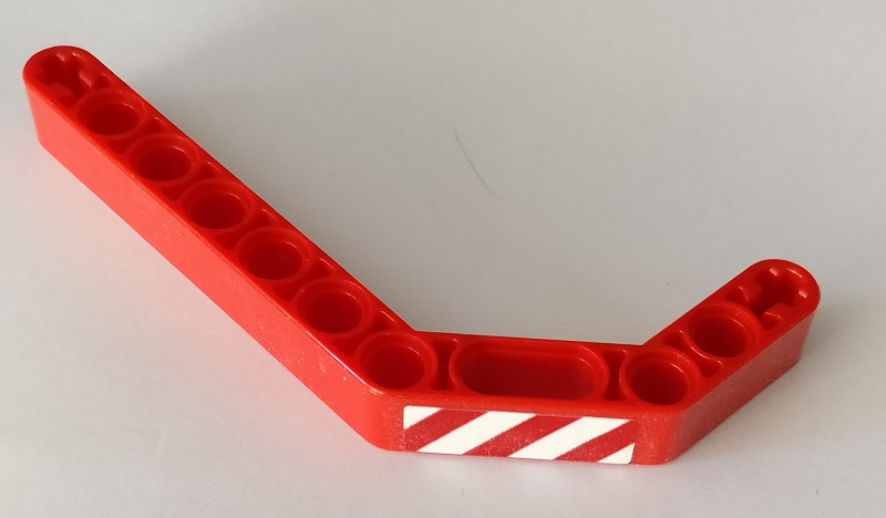 Lego Technic, Liftarm, Modified Bent Thick 1 x 11.5 Double with Red and White Danger Stripes Pattern Model Left Side (Sticker) - Set 42082 / Red