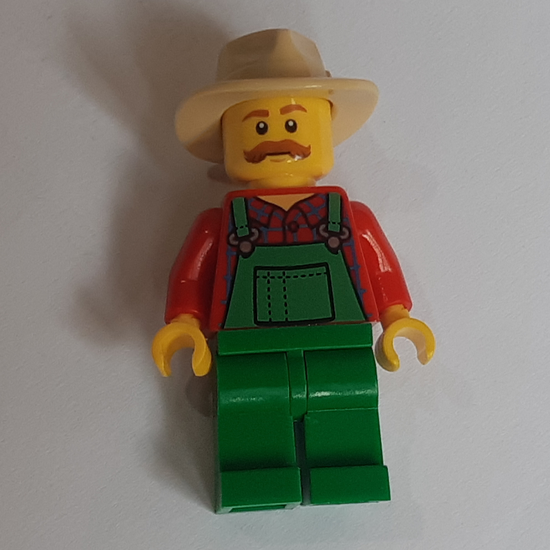 Lego Man, Green Overalls over Red Shirt, Tan Wide Brim Hat