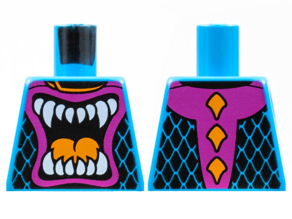 Lego Torso Racing Suit, Angry Open Mouth with White Teeth and Orange Tongue Pattern / Dark Azure