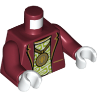 Lego Torso Jacket, Open over Lime Patterned Undershirt and Large Gold Pendant Necklace Print, Dark Red Arms, White Hands / Dark Red