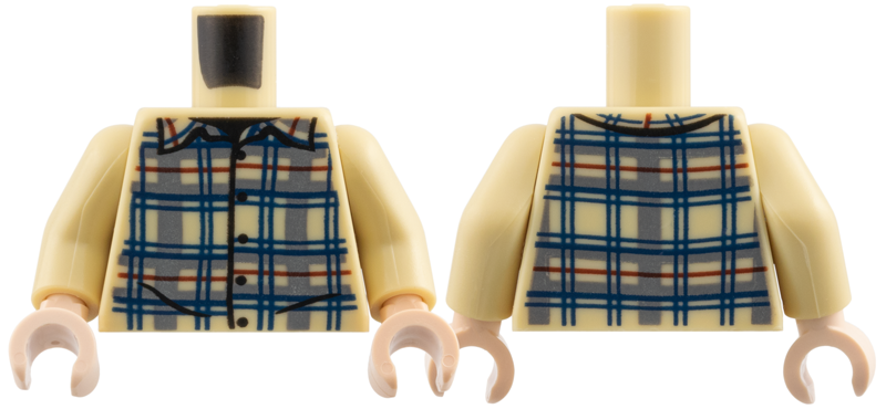 Lego Torso Plaid Button Up, Dark Bluish Gray, Dark Blue, and Dark Red Stripes Pattern / Tan Arms / Light Nougat Hands