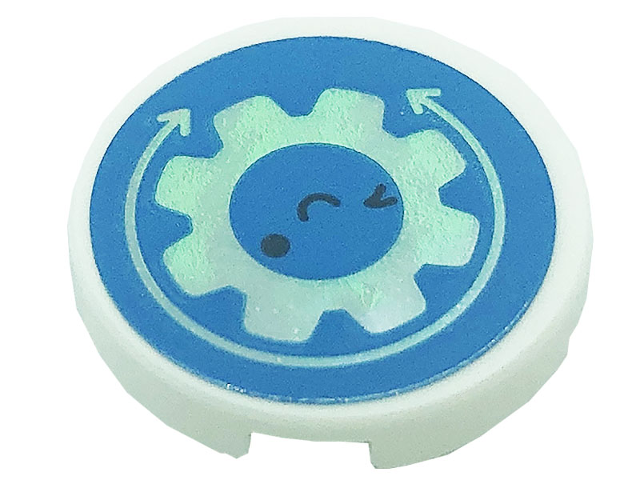 Lego Tile, Round 2 x 2 with Bottom Stud Holder with Arrows, Tooth Gear, Eyes and Smile on Dark Azure Background Pattern (Sticker) - Set 41366 / White