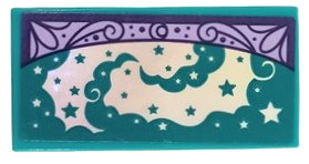 Lego Tile 2 x 4 with Dark Purple and Medium Lavender Filigree Banner, Iridescent Mirrored Smoke and Stars Pattern (Sticker) - Set 41689 / Dark Turquoise