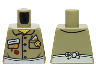 Lego Torso Shirt Button Down with Pockets, Name Tag, Smiley Face Button and White Apron on Front and Back Pattern / Olive Green