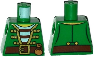 Lego Torso Pirate Jacket Open with Gold Trim over Shirt with Red and White Horizontal Stripes, Reddish Brown Belt with Buckle, Medium Nougat Pouch, Yellow Neck Pattern / Green