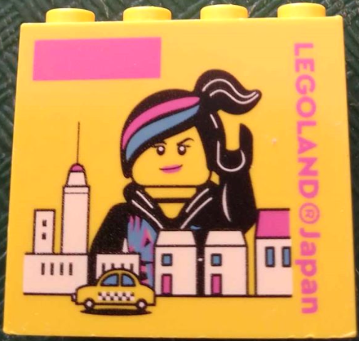 Lego Brick 2 x 4 x 3 with LEGOLAND Japan, Wyldstyle Minifigure, Buildings and Taxi Pattern / Yellow