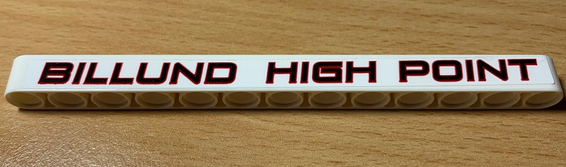 Lego Technic, Liftarm Thick 1 x 13 with Black 'BILLUND HIGH POINT' with Red Border Pattern (Sticker) - Set 42077 / White