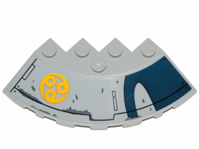 Lego Brick, Round Corner 6 x 6 with Slope 33 Edge, Facet Cutout with SW Hull Plates, Yellow Ado Eemon Emblem Pattern Model Left Side (Sticker) - Set 75233 / Light Bluish Gray