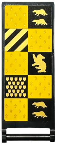Lego Flag 7 x 3 with Bar Handle with HP Hufflepuff House Banner, Black and Yellow Squares, Gold Shields, Stripes and Badgers Pattern on Both Sides (Stickers) - Set 76416