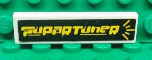 Lego Tile 1 x 4 with Yellow 'SuparTuner' on Black Background Pattern (Sticker) - Set 8681