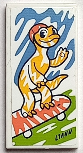 Lego Tile 2 x 4 with Painting of Bright Light Orange Gecko (Popcorn) on Coral Skateboard with 'LIANN' Signature on Dark Azure and Lime Background Pattern (Sticker) - Set 41739 / White