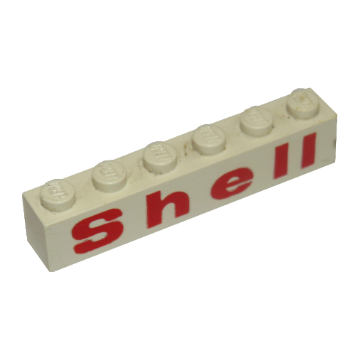 Lego Brick 1 x 6 with Bottom Tubes and 2 Lowered Cross Supports with 'Shell' Rounded 'e', Red Print