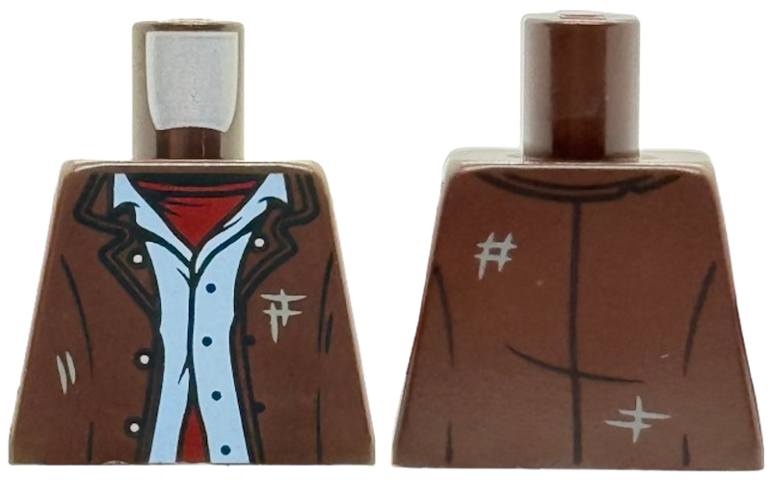 Lego Torso Jacket Open with Buttons and Scuff Marks over Bright Light Blue Shirt and Dark Red Undershirt Pattern / Dark Brown