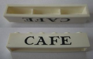 Lego Brick 1 x 6 without Bottom Tubes with Cross Side Supports with Black 'CAFE' Serif Pattern / White