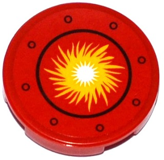 Lego Tile, Round 2 x 2 with Bottom Stud Holder with Yellow Fire Ball in Black Circle and Rivets Pattern (Sticker) - Set 70144 / Red